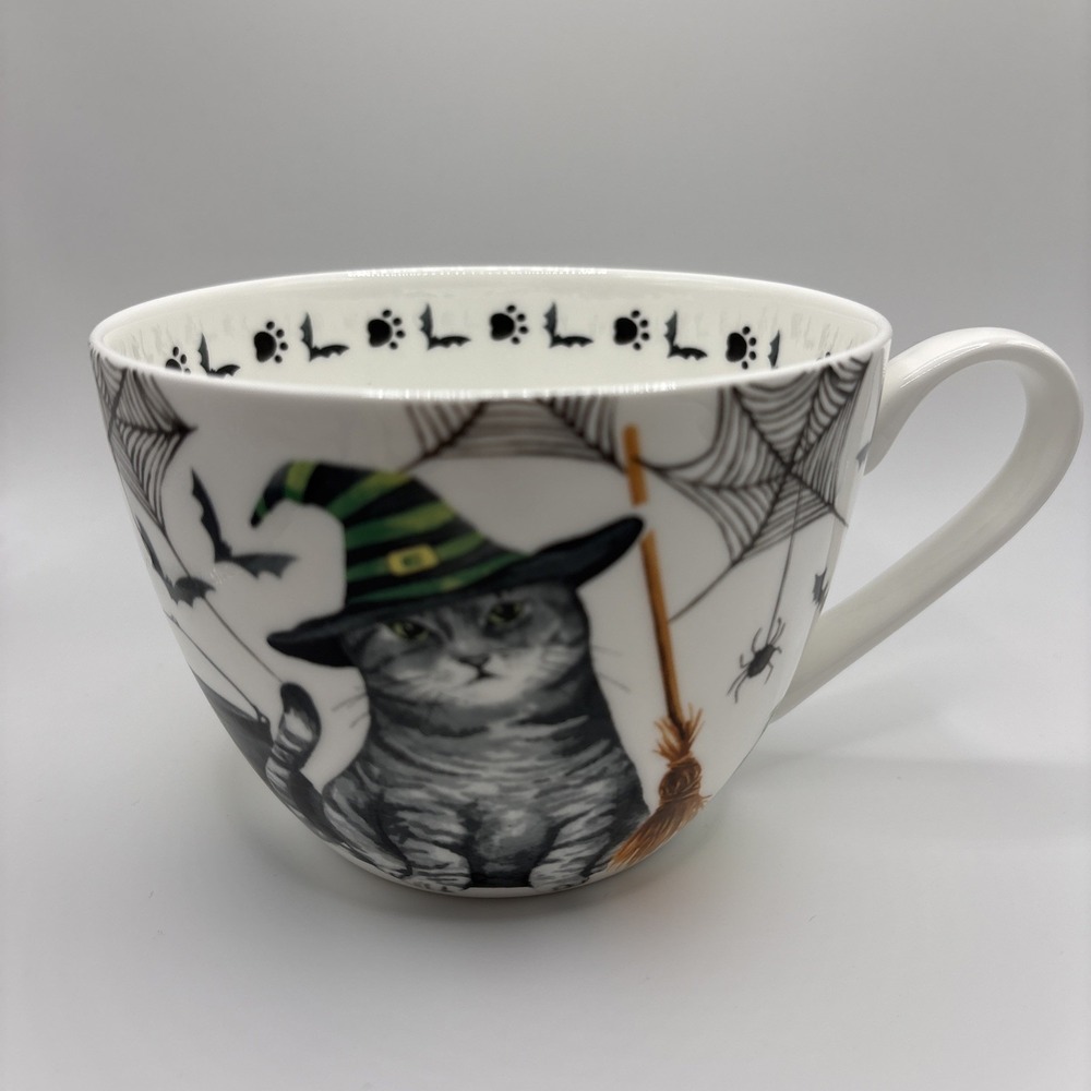 Portobello By Design Creepy Cat Coffee Tea Mug Halloween Witch Broom Bat Spider